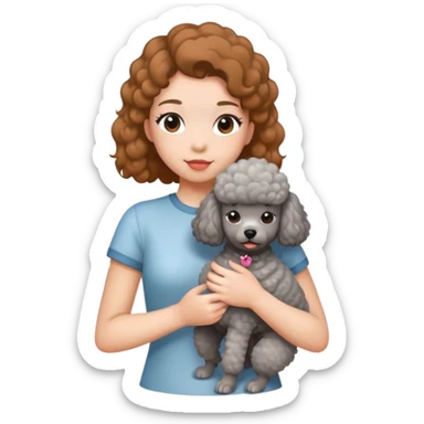 A girl with caramel brown ponytail holding a grey poodle sticker
