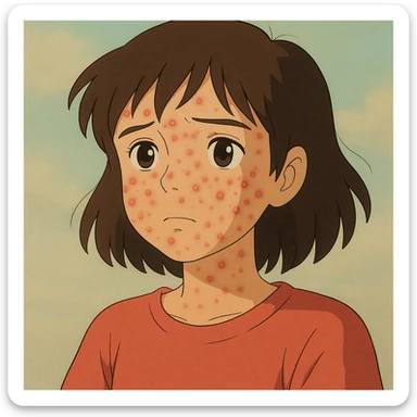 ghibli style chica con acné en el rostro, fondo suave sticker