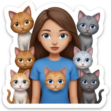 a pretty bratz dusky light skin girl with long brown hair, blue eyes with six cats nd wearing a grey tshirt sticker