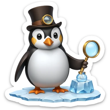 a steampunk engineer penguin analysing a data stream with a magnifying glass on top of an iceberg sticker