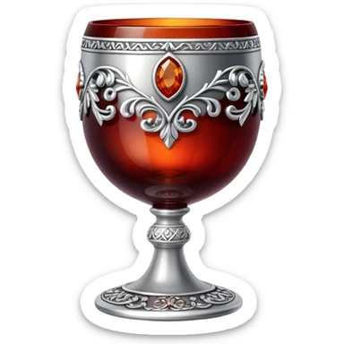 ornate silver goblet decorated with red amber stones filled with red wine sticker