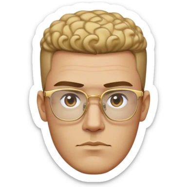 Man with angular square face, thick straight eyebrows, short fade haircut with faded sides and curly top, light stubble, neutral serious expression, wearing large square gold glasses sticker