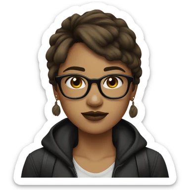 Girl with brown hair, short fringe, black glasses and a septum piercing sticker