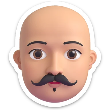 Bald man with smooth oval head, indigenous facial features, 37 years old, with only a mustache and thin beard connecting chin to lips, memoji style sticker