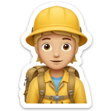 Cartoon explorer wearing a yellow cap and yellow backpack, casual outdoor outfit sticker