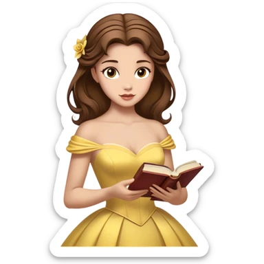 Cinematic Realistic Belle Portrait, depicted with lifelike skin texture, soft natural lighting, and intricately detailed brown hair styled elegantly. Her deep, expressive eyes exude warmth and intelligence, complemented by a serene and graceful expression. She gently holds a book in one hand, her other hand resting at her side, radiating an aura of beauty and intellect. She is dressed in her classic yellow ball gown, the fabric rich in texture with delicate folds that catch the light beautifully. The portrait features a soft, enchanting glow with a natural, radiant finish, capturing the essence of timeless beauty in a realistic and painterly style, evoking a sense of depth and authenticity. sticker