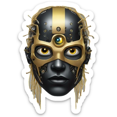 black metal male cyborg head with artificial eyeball, circuitry and wispy yellow gold hair sticker