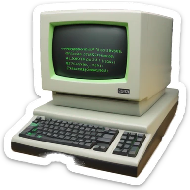a old computer with linux screen (black and green terminal) with "rsh++" text sticker