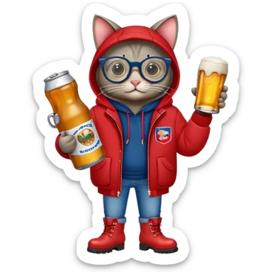 Catfish in red winter jacket with hood, round glasses, blue jeans, red boots, holding a beer can with red label sticker