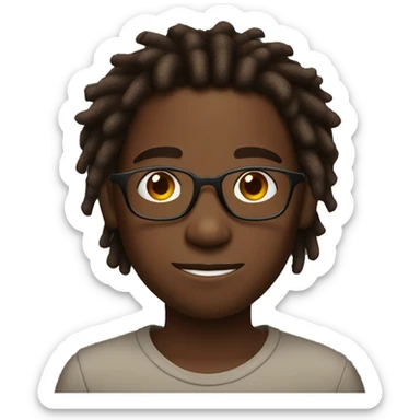 black boy with dreads that are dyed reddish brown at the bottom and are eye length, glasses that are thin and rimless but not circular sticker