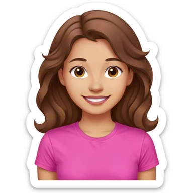 A young woman with long, wavy brown hair . She is wearing a vibrant pink t-shirt. She has a  warm glow on her face, and she has a gentle smile with a confident and relaxed posture.  sticker