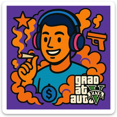 streamer avatar with headphones surrounded by smoke and GTA V icons holding a joint sticker