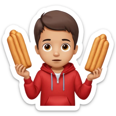 ute funny Spanish cartoon boy named Peque Tito, red hoodie, denim shorts, big expressive eyes, holding a churro, Pixar-style, viral character.” sticker