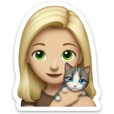 blonde girl with blue eyes,  holding a calico cat with green eyes sticker