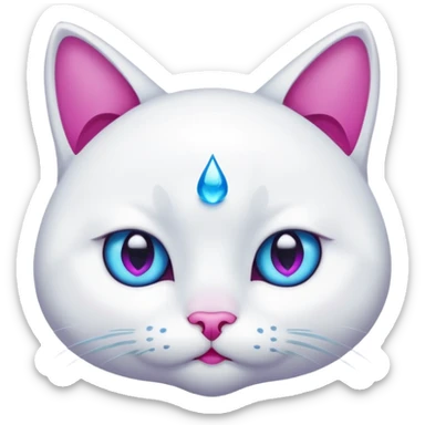 White cat, emphasized sad face, blue water tear drop below one eye, magenta eyes, black background, cute cartoon style sticker