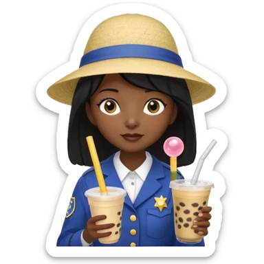 A Mysterious Elderly Female with Dark skin and Straight hair, wearing a Uniform outfit, a Sunhat, No glasses, carrying a Enchanted staff, working as a scientist, while drinking Bubble tea and reading a Journal. sticker