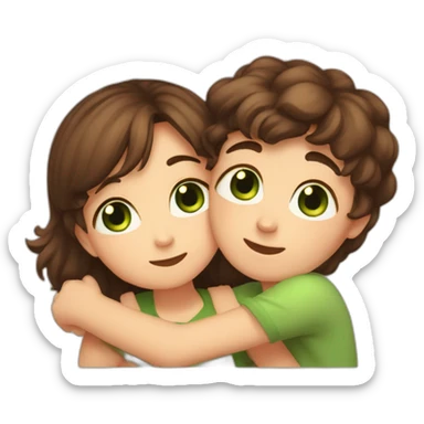 Girl with brown eyes and brown hair kisses the boy with brown hair and green eyes and hugs brown cats sticker