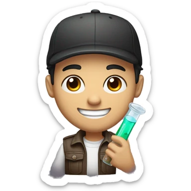"Light-skinned Latino male with short black hair, wearing a backward cap. Brown eyes, slightly thick lower lip, smiling. Holding a test tube in one hand and a video game controller in the other. Cartoon style sticker
