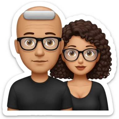 A picture of a tanned couple. the man is a Mexican man with tanned skin, with a bald hair cut, short beard and wearing a black shirt, no glasses. the woman is wearing rectangle shaped glasses, with long curly dark brown hair and with big boobs  sticker