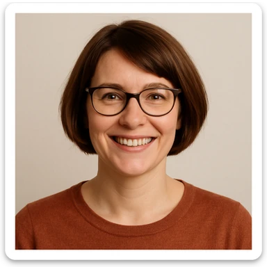 white woman with short brown bob haircut, smiling, glasses, friendly expression, simple background sticker