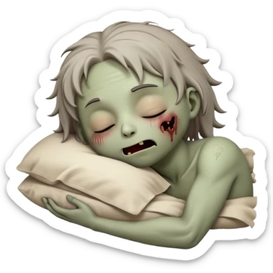 Meme-Worthy Cute Sleeping Zombie Portrait Emoji, with a delightfully quirky, slightly disheveled decaying face in soft ashen hues, head tilted back in peaceful, relaxed sleep with softly closed eyes and a tiny, endearing smile, simplified yet irresistibly charming, highly detailed with a soft eerie glowing outline that captures the gentle, unexpected cuteness of a zombie in serene repose! sticker