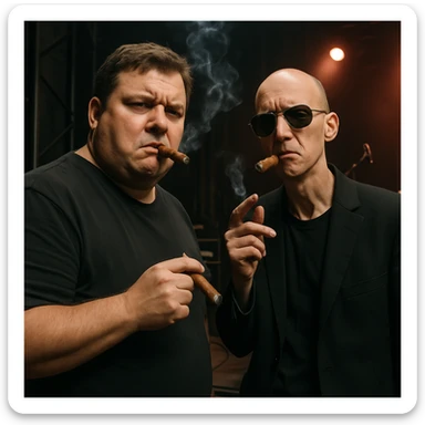 Par de personas que trabajan en la industria musical (hombre robusto de 40 años y otro hombre flaco calvo y con lentes de sol), parados conversando en el backstage de un concierto, con aires de superioridad, mientras se fuman un cigarro, mientras miran a la cámara (músico) de forma despectiva y burlona sticker