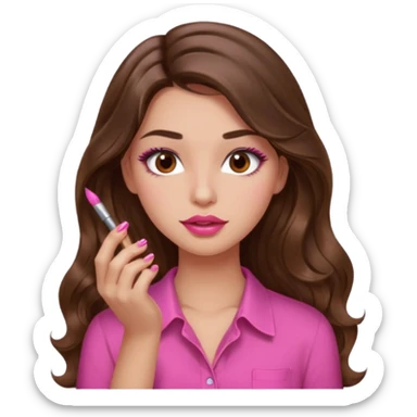 girl with long wavy brown hair, brown eyes, light to medium complexion, in a pink shirt, pink lips, long lashes, puckered lips,  painting long nails sticker