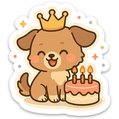 cute dog wearing a birthday crown, sitting next to a birthday cake, cheerful and festive, simple background sticker