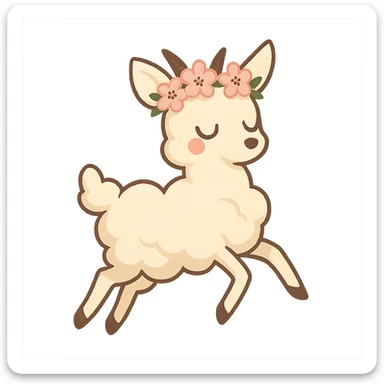 vanilla-colored cloud doe with rosy cheeks, cherry blossom crown, floating gracefully with witch-like elegance, brand identity mascot for social media sticker