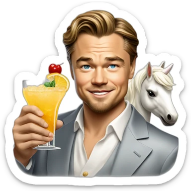Leonardo DiCaprio smiling, raising a glass of cocktail and riding a white unicorn as a rich billionaire sticker