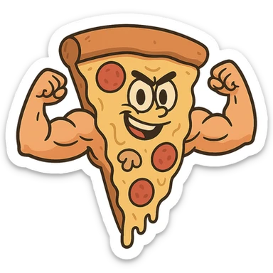slice of pizza with big muscles, flexing arms, fun and bold style sticker
