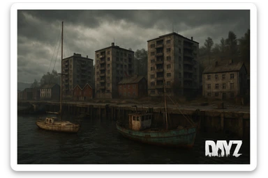 a screenshot of the game DayZ videogame, the harbor in a Norwegian port town, apartment blocks sticker
