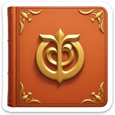 Un libro de cuero rojo terracota, con textura envejecida y bordes dorados desgastados. En la portada, un loto dorado en relieve, irradiando una aura cálida de sabiduría y transformación sticker