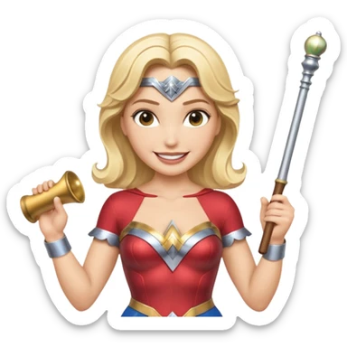 Blonde Wonder Woman holding short white orchestra conductor’s baton and bell sticker