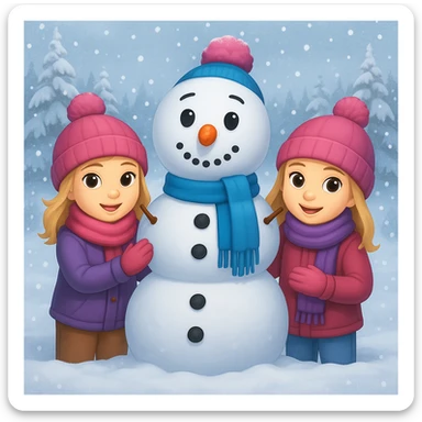 Add a snowy background behind the kids building a snowman, keep the original emoji style sticker