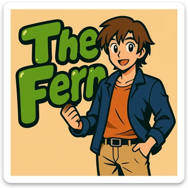 Add a brunette anime man standing in front of the green bubble letters that say 'The Fern' with a black outline. The man should have medium-length brown hair, stylish casual clothes, and an expressive anime face. Keep the vibrant, cartoonish, eye-catching vibe. sticker