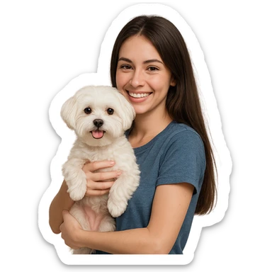 brunette girl with long hair holding a Maltese dog, friendly and cute sticker