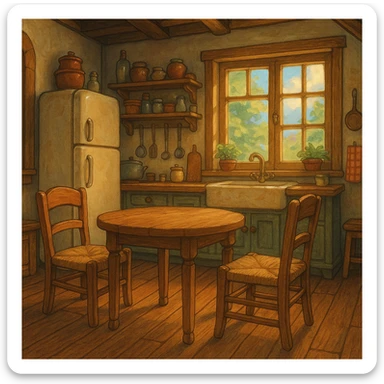 kitchen room with refrigerator, table, and chairs in ghibli style sticker