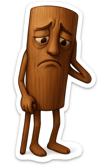 Create a sad expression for a cinnamon stick character. The character should have a sorrowful and downcast face with a transparent background. sticker