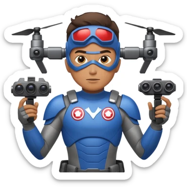 Un photographe homme high tech, une armure de terrain à la super héro. Il a des appareils photos, des caméras embarquées et un drone derrière lui en hauteur. sticker