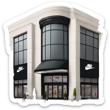 “Nike store exterior with a black facade, iconic swoosh logo, large glass windows displaying athletic wear, and sleek entrance doors.” sticker