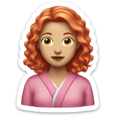 A red-haired girl with long hair in a pink robe and mask sticker