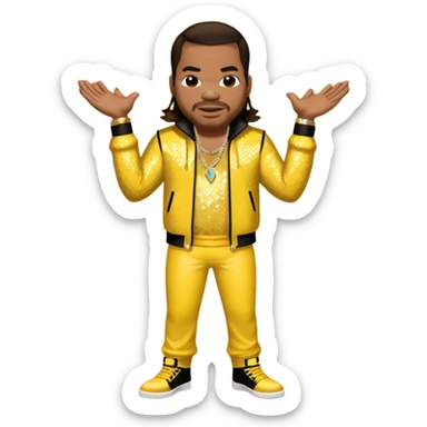 Busta Rhymes with dark brown hair, yellow sequin outfit sticker