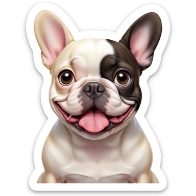 Cinematic Comical Pied French Bulldog Portrait Emoji, Head tilted with an exaggeratedly shocked, comical expression and wide, humorously expressive eyes, showcasing a distinctive pied fur of contrasting hues and a charmingly goofy face, simplified yet hilariously detailed, glowing with a sassy, playful radiance, high shine, exuding a mischievous and meme-worthy charm, styled with a soft glowing outline, capturing the essence of a Pied French Bulldog that looks ready to spark a viral laugh! sticker