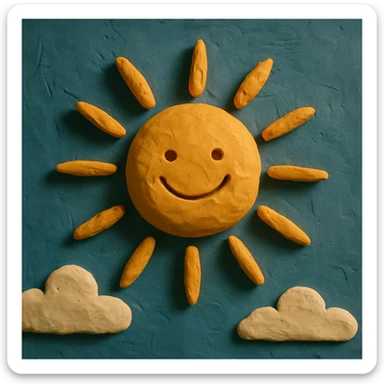 a smiling sun with rays, claymation style sticker