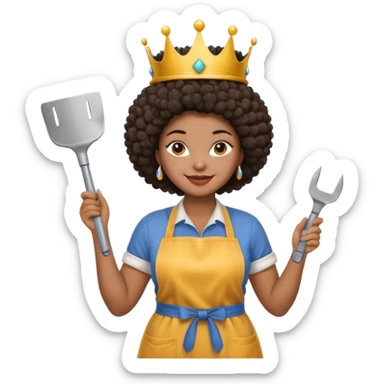 Mujer curvy afro, con vestimenta cómoda y delantal,con una corona sobre su cabeza y sonrisa contagiosa. En la mano herramientas de construcción sticker