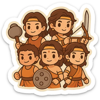 Pach Pandav, the five Pandava brothers, stylized as chibi cartoon characters, each with distinct features and weapons, grouped together sticker