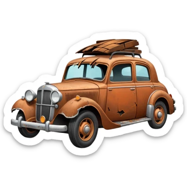 Side view of a broken-down old car with steam from the open bonnet, shattered windows, rusted doors, a flat tire, dents, peeling paint, and a grimy, neglected look. sticker