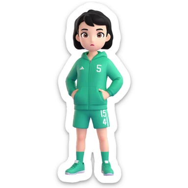 Player 456 from Squid Game, wearing green tracksuit with number 456, short black hair, determined expression, simple character pose sticker