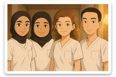 Variation 3: Four nursing students side by side in a warm indoor ambiance, wearing white short-sleeve uniforms without stand-up collars or hijabs under the sleeves, no stethoscopes. Tops are medical tunics with V-neck and left chest pocket. Each student has the face from the provided portraits, in Ghibli style, group composition. sticker